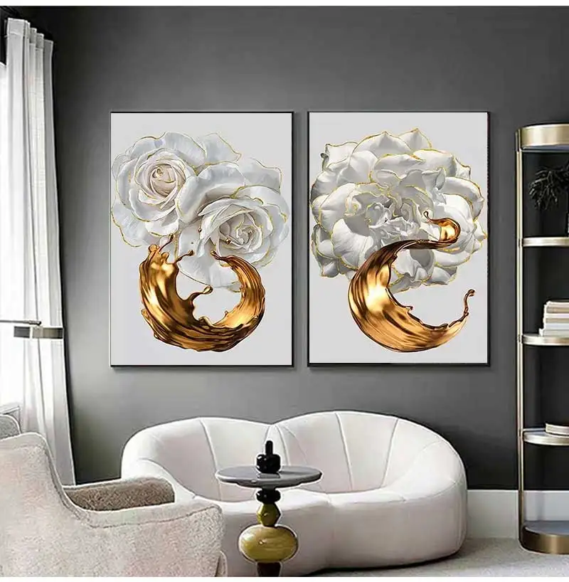 Abstract White Rose Flower Poster Prints Picture Gold Ink Splash Wall Art Canvas Painting for Modern living room Decoration