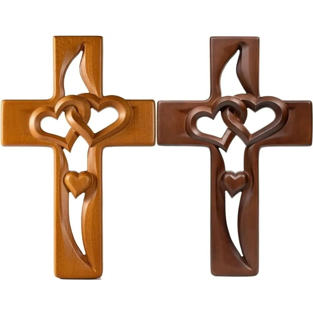 Solid Wood Intertwined Heart Wooden Cross Heart Crafts Handmade Wooden Carved Loveheart Cross Pendant Wedding Memorial Gift