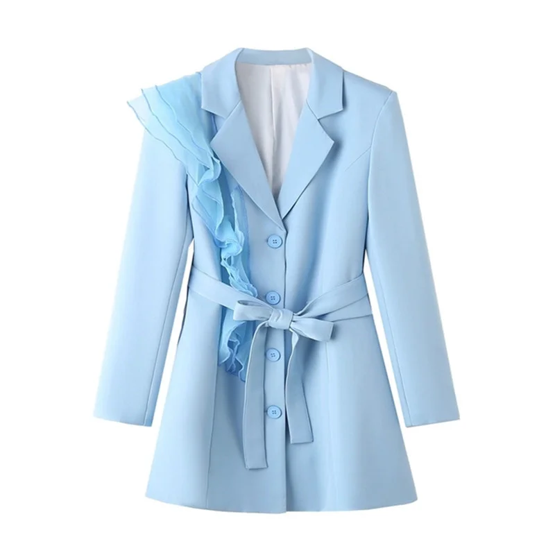 Korean Pleated Mesh Patchwork Light Blue Blazers Coat With Belt Women Spring Autumn Slim Notched Collar Long Sleeve Suit Jacket