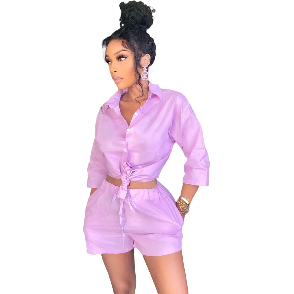 Casual Shorts Two-piece Women's Clothing New In Spring And Autumn Solid Color Button-up Double Pocket Shirt Set 2026 New.