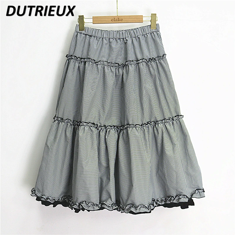 

Japanese Original New Lolita Three-Layer Mesh Plaid Double-Sided A- line Skirt Sweet Cute Girl Elastic Waist Mid-Length Skirts