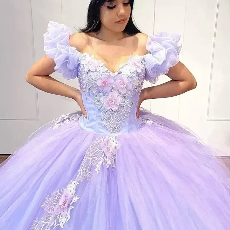 Charmoso vestido quinceanera com decote em v, doce, miçangas, apliques, flor 3d, menina de 16 anos, princesa, festa de aniversário, vestidos de baile