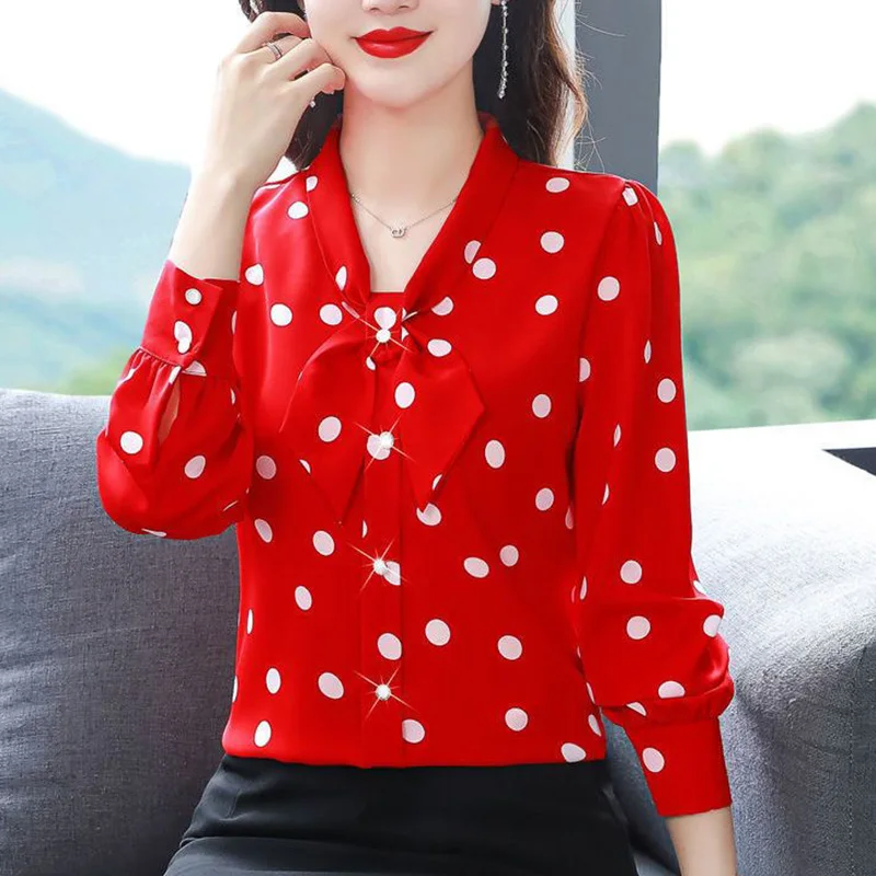 Summer Fashion Polka Dot Long Sleeve V-neck Chiffon Blouse Ladies 2024 New Spring Printing Office Lady Bow Buttons Women Shirts