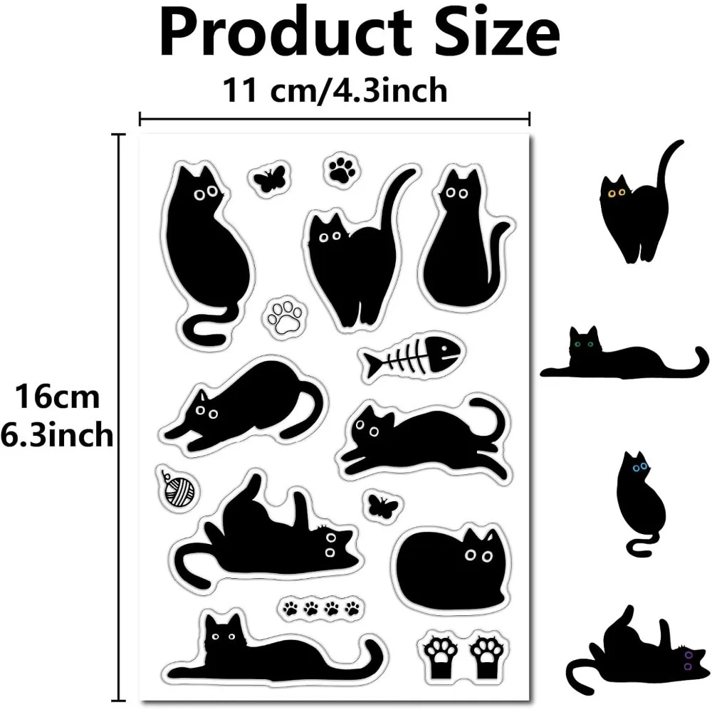 Black Cat Clear Rubber Stamps Fish Bone Cute Kitty Paw Print Reusable Transparent Silicone Stamp Seals Vintage for Journaling