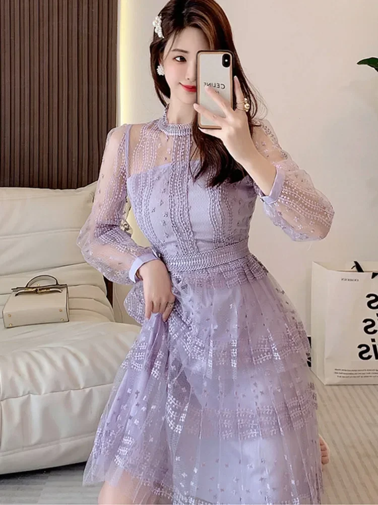 SMTHMA New Spring Purple Lace Patchwork Mesh Embroidery Dress For Women Long Sleeve Round Neck Design Runway Dresses Vestidos