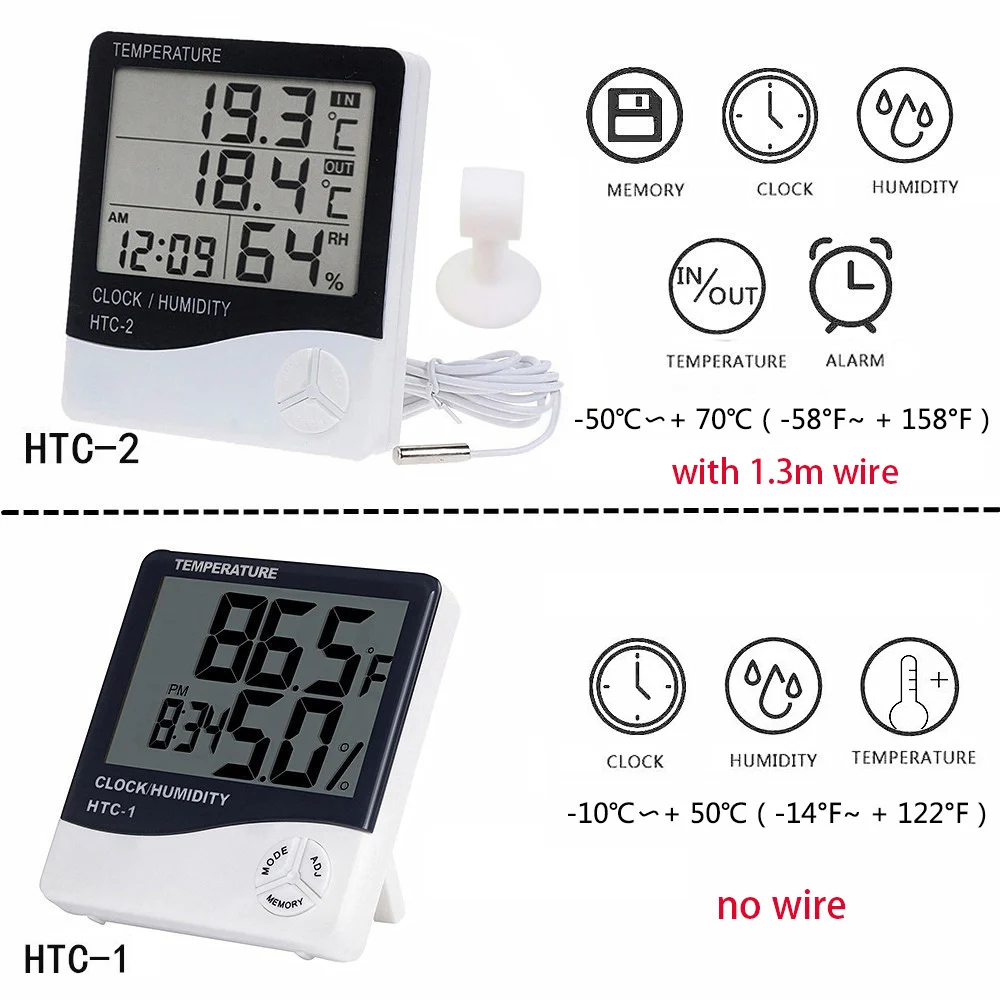 LCD Electronic Digital Temperature Humidity Meter Thermometer Hygrometer Indoor Outdoor Weather Station Clock HTC-1 HTC-2