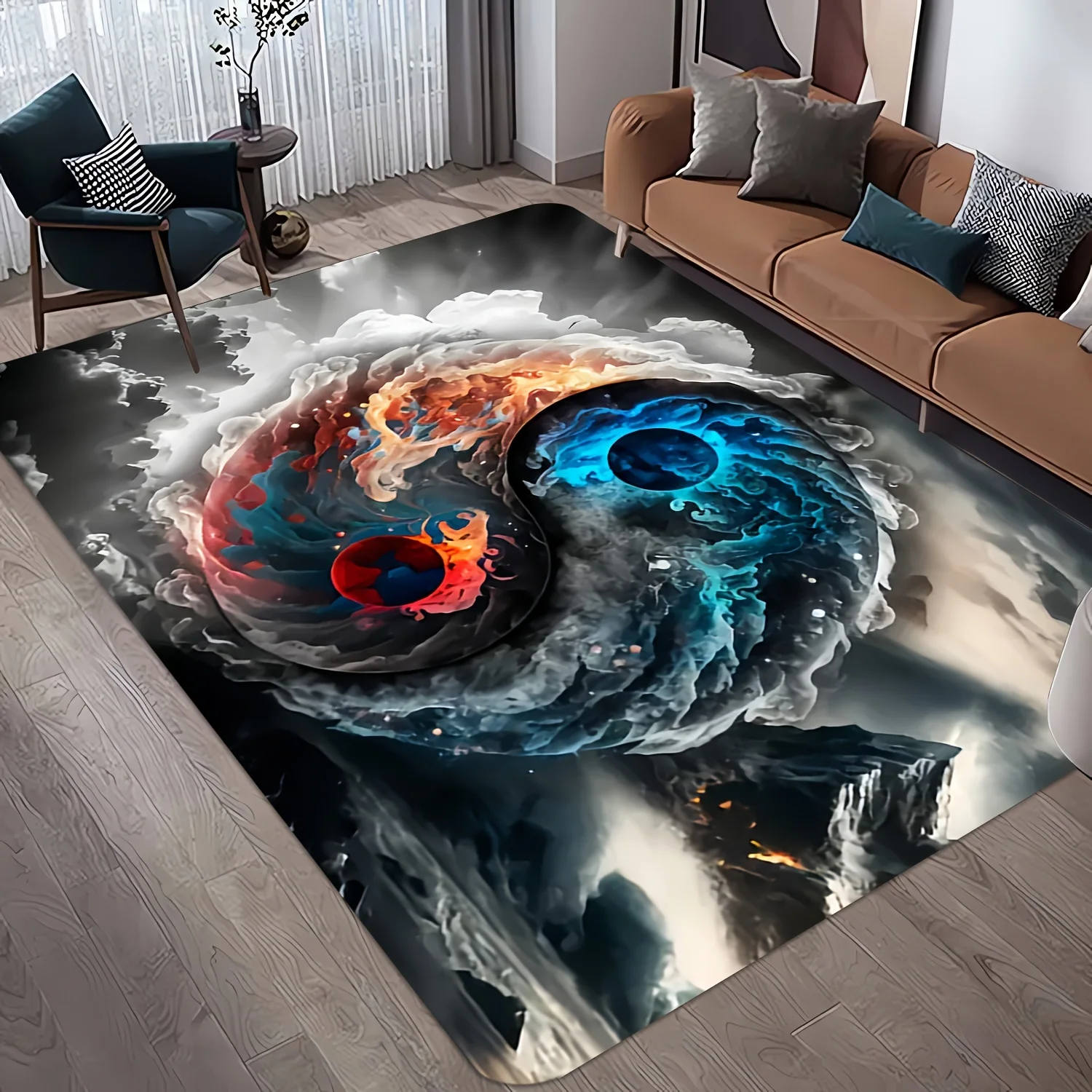 Mountain‑River‑Bagua Printed Rug, Traditional Decor for Entryway, Bedroom, Living‑Room & Indoor Home Use