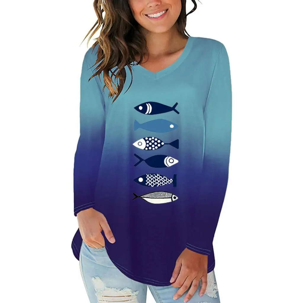 

Women's Gradient Color Fish Print V-neck Long Sleeve T-shirt Irregular Hem European And American Style by