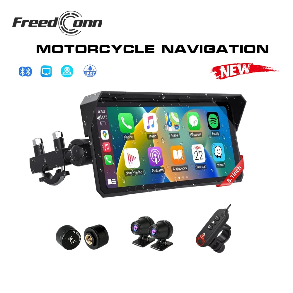 Freedconn Wireless Motorcycle Carplay Android Auto 8.1 Inch Screen 4K Dash Cam Bluetooth GPS Navigation IPX7 Waterproof Display
