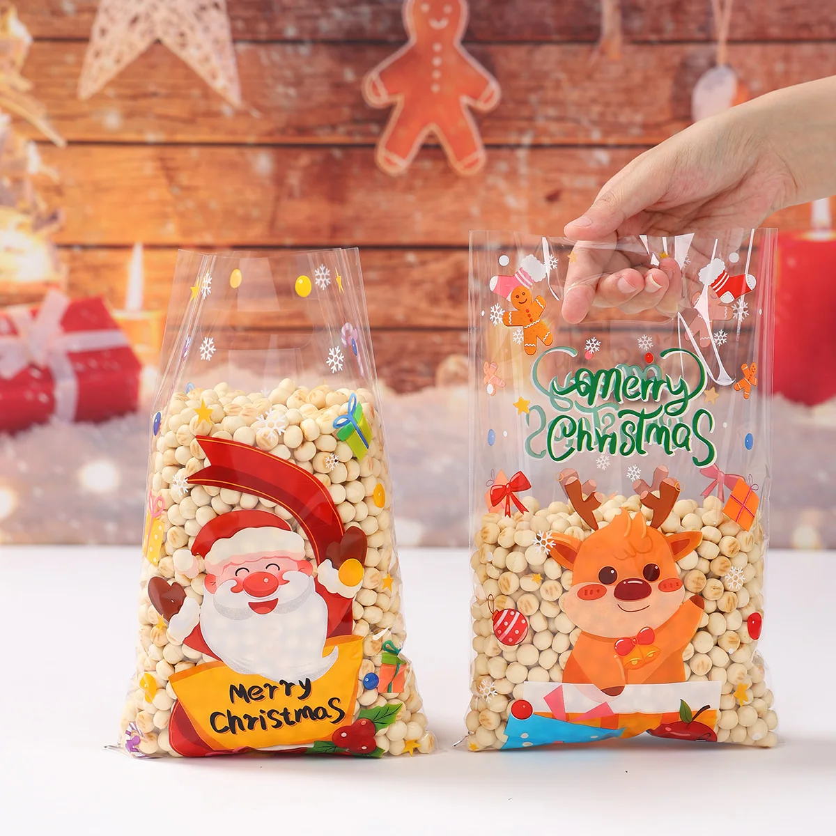 10/25/50pcs 크리스마스 투명 캔디 가방 크리스마스 장식 산타 엘크 선물 가방 Navidad 크리스마스 선물 가방 Cristmas 포장 가방