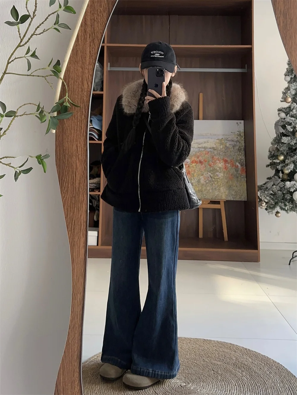 

Утепленные джинсы-клеш с высокой талией для женщин, с фигурой типа «груша», повседневные зимние женские джинсы-клеш