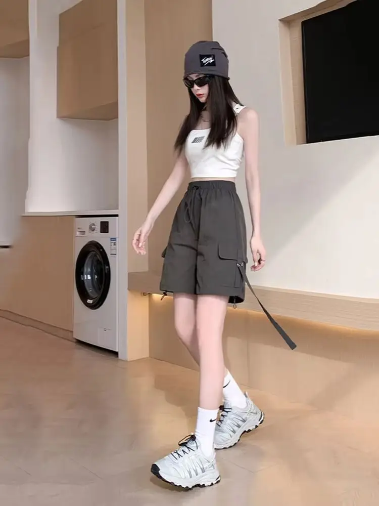 Grey American Style Workwear Shorts Women's Summer Thin New High Waisted Casual Wide Leg Quick Drying Sports Five Quarter Pants