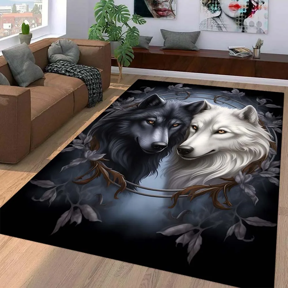 [1pc Galaxy Wolf Rug] 1pc Soft Flannel Galaxy Wolf Design Area Rug | Black & White Yin Yang Wolves with Viney Branches