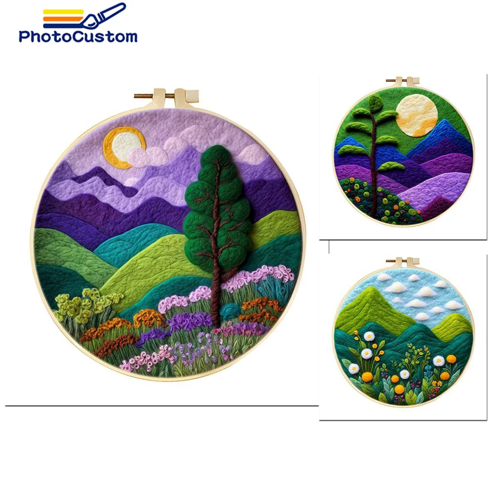 

PhotoCustom Wool Felting Painting Kit Scenery Embroidery Kit Funny Diy Felt Needle Wool Paintings Needlework Yarn Needle Felting