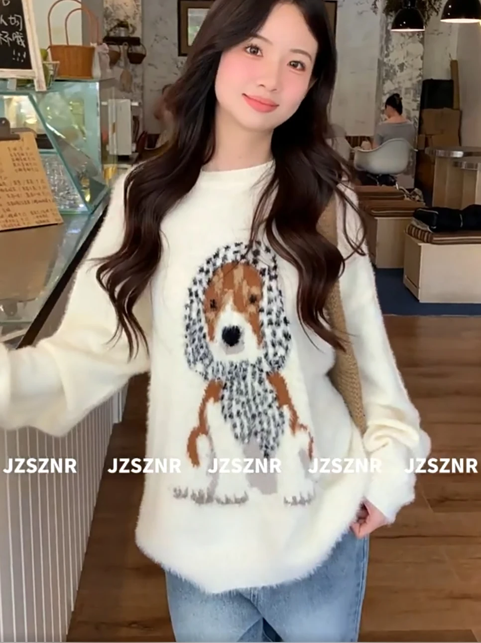 

Забавный утепленный зимний свитер с круглым вырезом и принтом собаки в стиле каваи для женщин, мягкий пушистый вязаный топ Y2K, эстетичный повседневный свободный свитер для пар