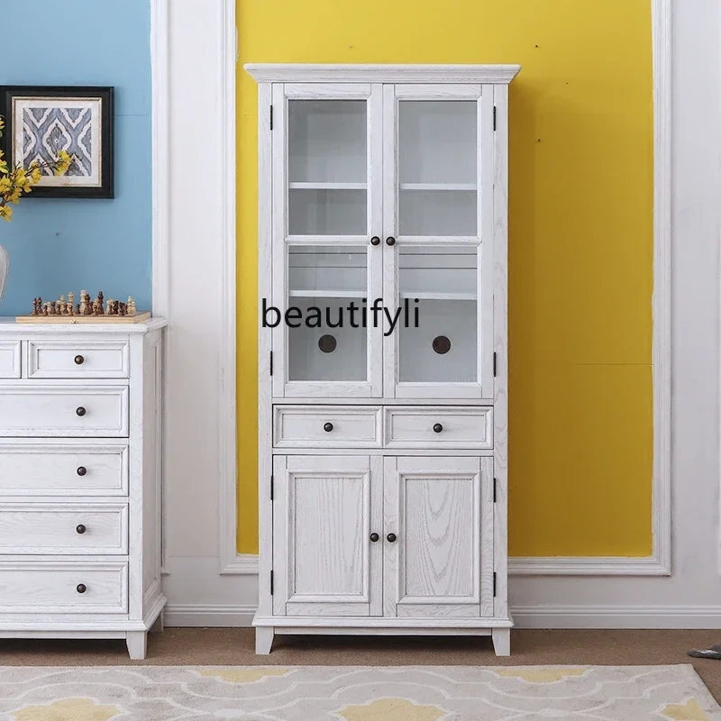 

xz1American pure solid wood glass door two-door bookcase double-door wine cabinet white old ash wood