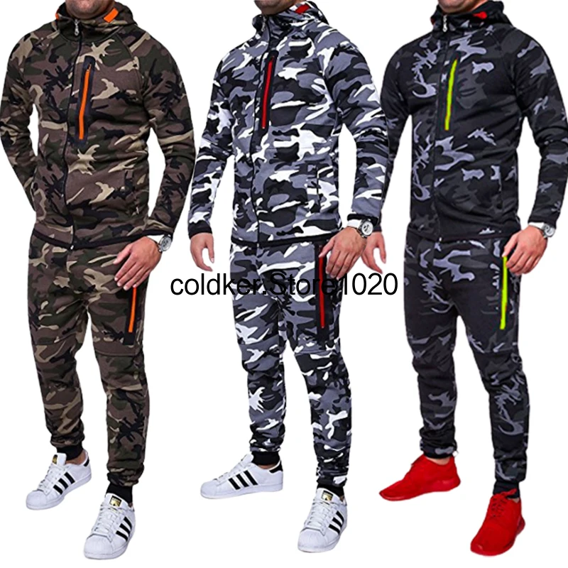 Chándal con capucha para hombre, ropa deportiva, cárdigan de camuflaje, sudadera muscular, chaqueta y pantalones, conjuntos de 2 piezas, Otoño e