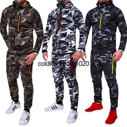 Chándal con capucha para hombre, ropa deportiva, cárdigan de camuflaje, sudadera muscular, chaqueta y pantalones, conjuntos de 2 piezas, Otoño e Invierno