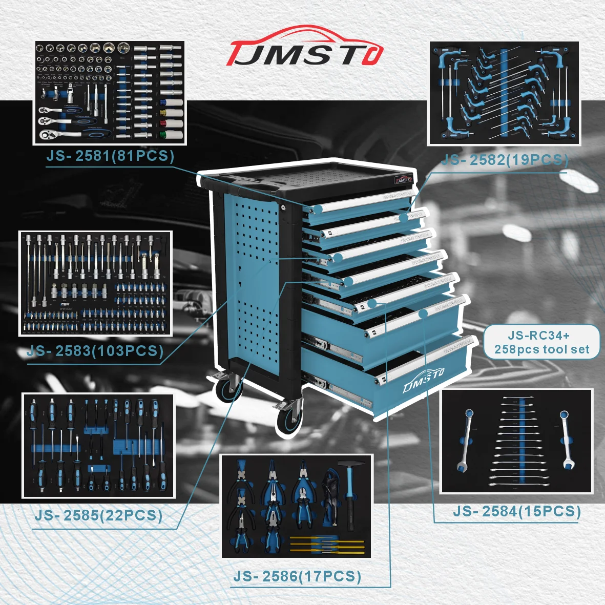 JMST Mechanic 258 Pcs Tool Kits Box Workshop Tool Chest Trolley Workbench Metal Heavy Duty Cabinet With Automotive Hand Tool Set