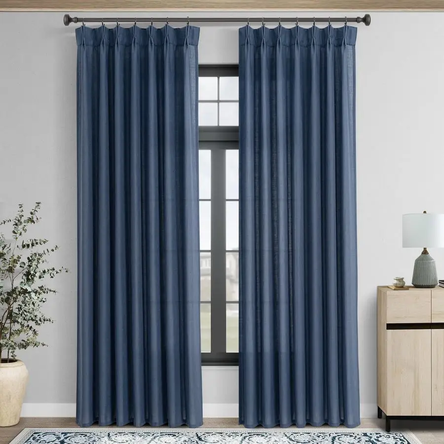 Rideaux en lin bleu marine à plis froncés, 84 pouces de long, pour salon, ensemble de 2 panneaux, semi-transparents, filtrant la lumière, rideaux de fenêtre bleu marine