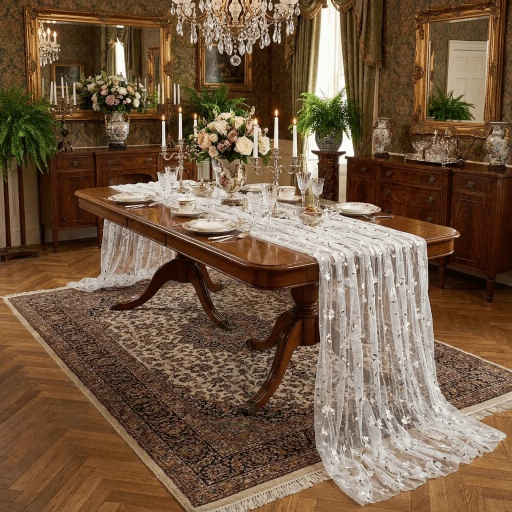Semi-Transparent Tulle Table Runner French Style Romantic Floral Tablecloth Retro Polyester Embroidered Tablecloth Wedding Party