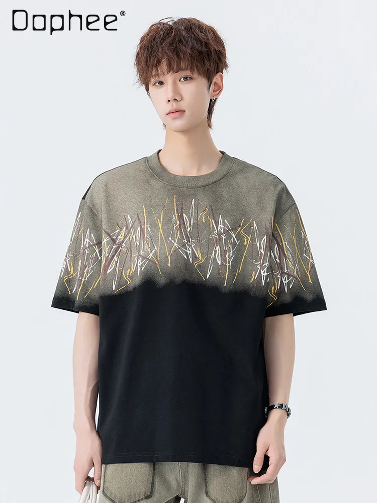 Men's Black Purple Blue Tie-Dye Gradient T-Shirt Abstract Line Print Casual Loose Short Sleeve Streetwear Tops for Summer