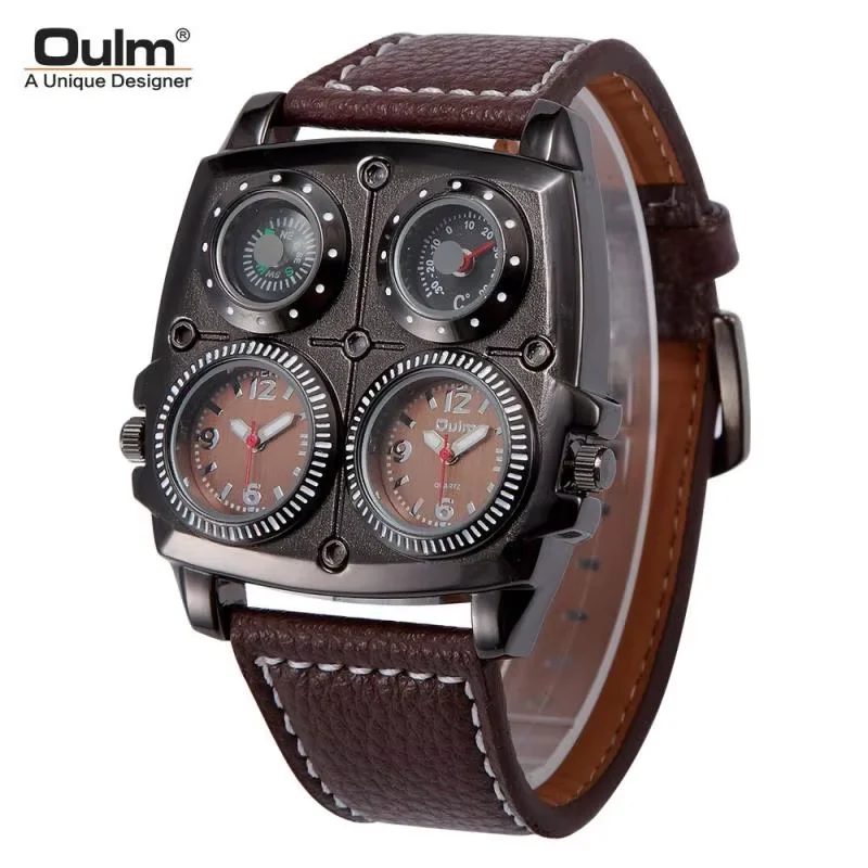 Oulm Men's Watches Two Time Zone Army Pilot Style Watch Big Size Military Quartz Clock Male Leather Strap Wristwatch