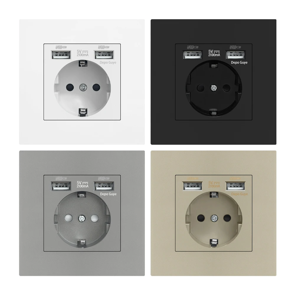 EU Standard Double USB Wall Power Socket,Electrical Socket Wall Plug with Type-c Usb Fast Charing Port 16A PC Panel Outlet 220V