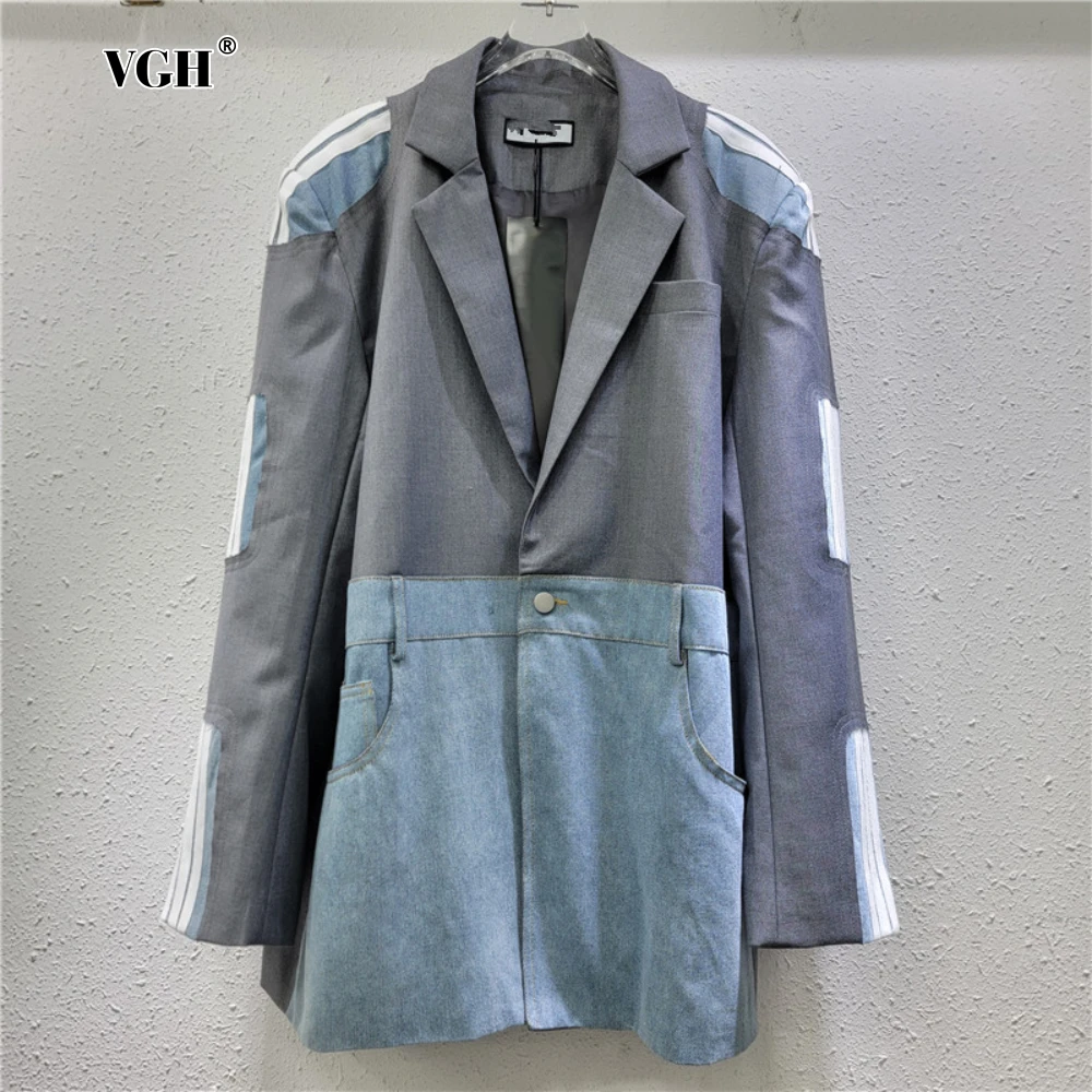 

VGH Colorblock Patchwork Denim Blazer for Women Lapel Long Sleeve Spliced Signle Button Chic Fashion Style Designer Coats Female