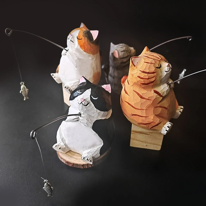 Cute Cartoon Desk Decoration Handmade Wood Cat Fishing Figurine Hand Carved Wooden Craft Adorable Animal Sculpture Creative Gift