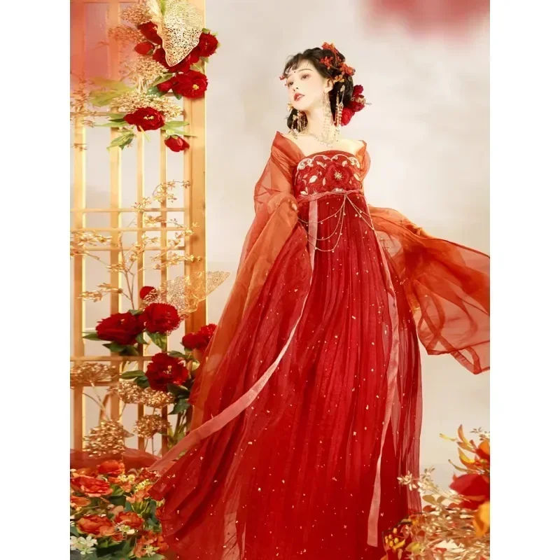 Southern Northern Dynasties Red Wedding Dress for Women Chinese Traditional Embroidery Hanfu Dresses with Pibo Fairy Dresses