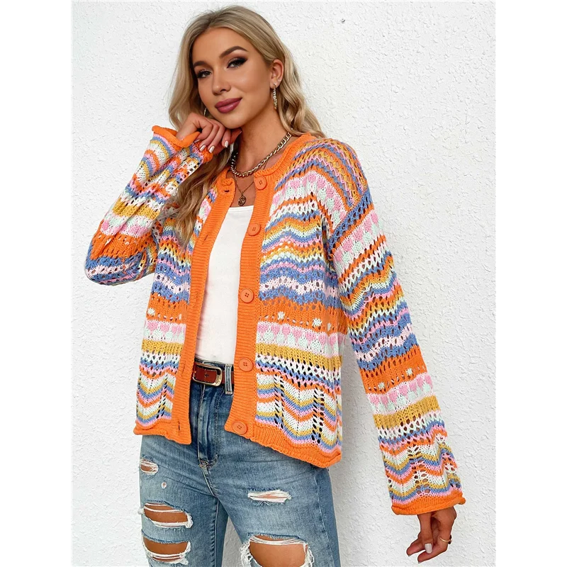 【TODAY-ONLY!】Women's Multicolored Striped Crochet Knit Cardigan Crew Neck Flared Sleeve Button Y2K Sweater Coat