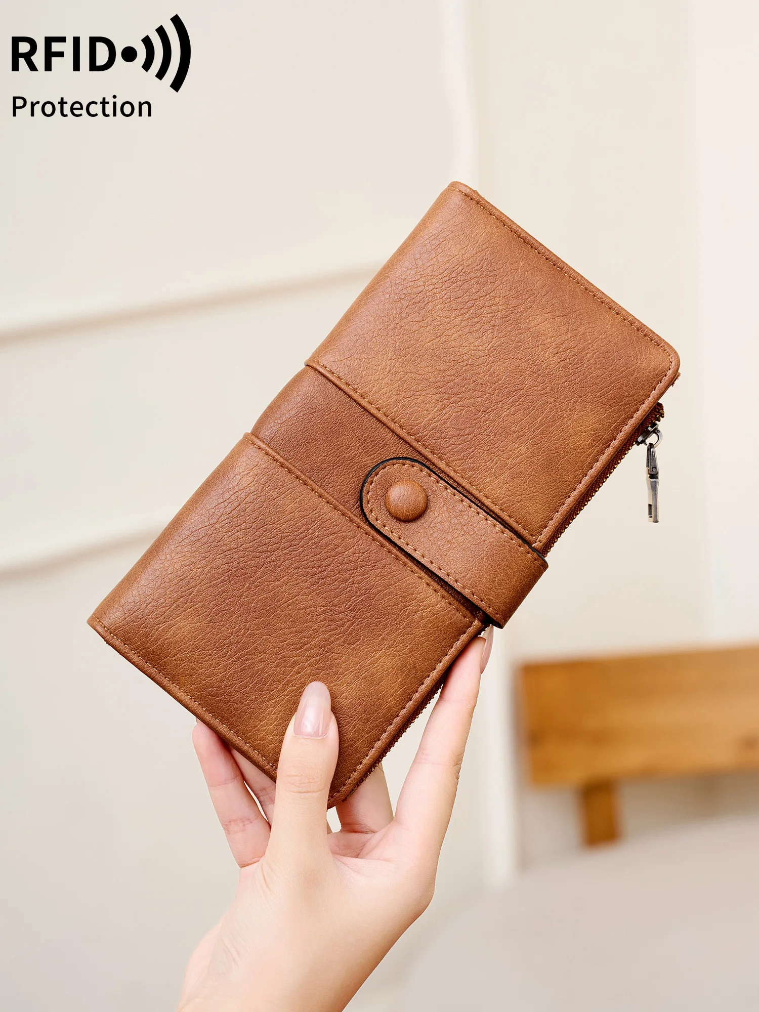 Minimalist Fashion RFID Blocking Ladies Long Bifold Wallet, Large Capacity Purse with Multi Card Slots & Zipper Coin Pocket