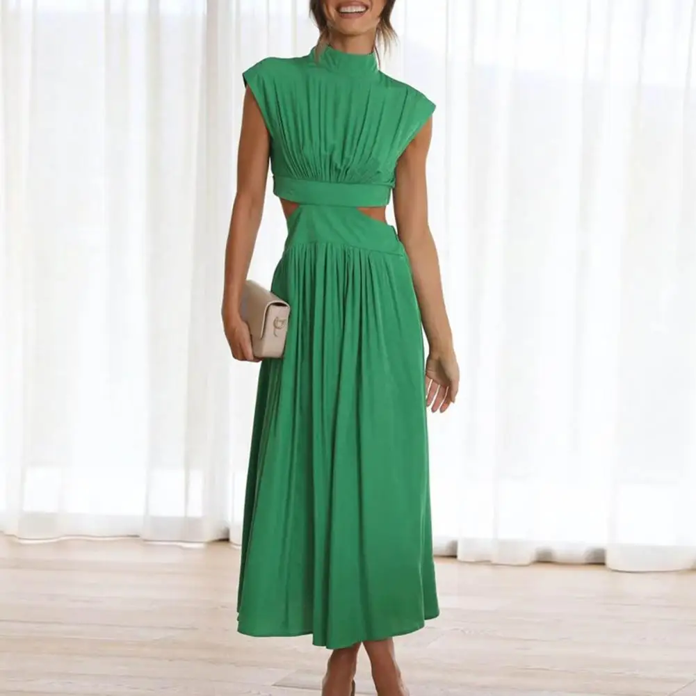 Women Green Hollow Out Maxi Dress Solid Fashion Sleeveless Backless Female Dresses Elegant Casual Ruched Long Dress Summer 2023