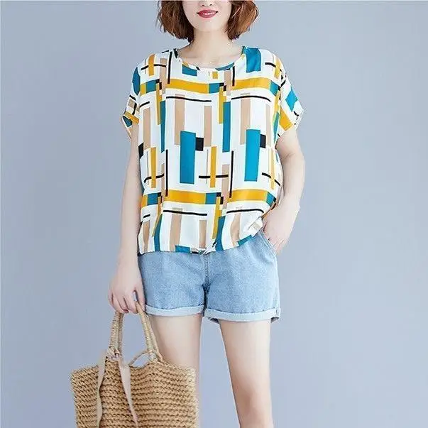 Plus Size Print Blouses Fashion O Neck Summer Summer Short Sleeve All-match Print Vintage Blouse Fashion Casual Female Clothes