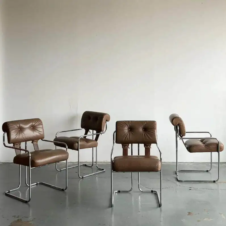 Mid-century Bauhaus-style Vintage Stainless Steel Dining Chair Leather Upholstery for Office Conference Desk Use Designer Chair