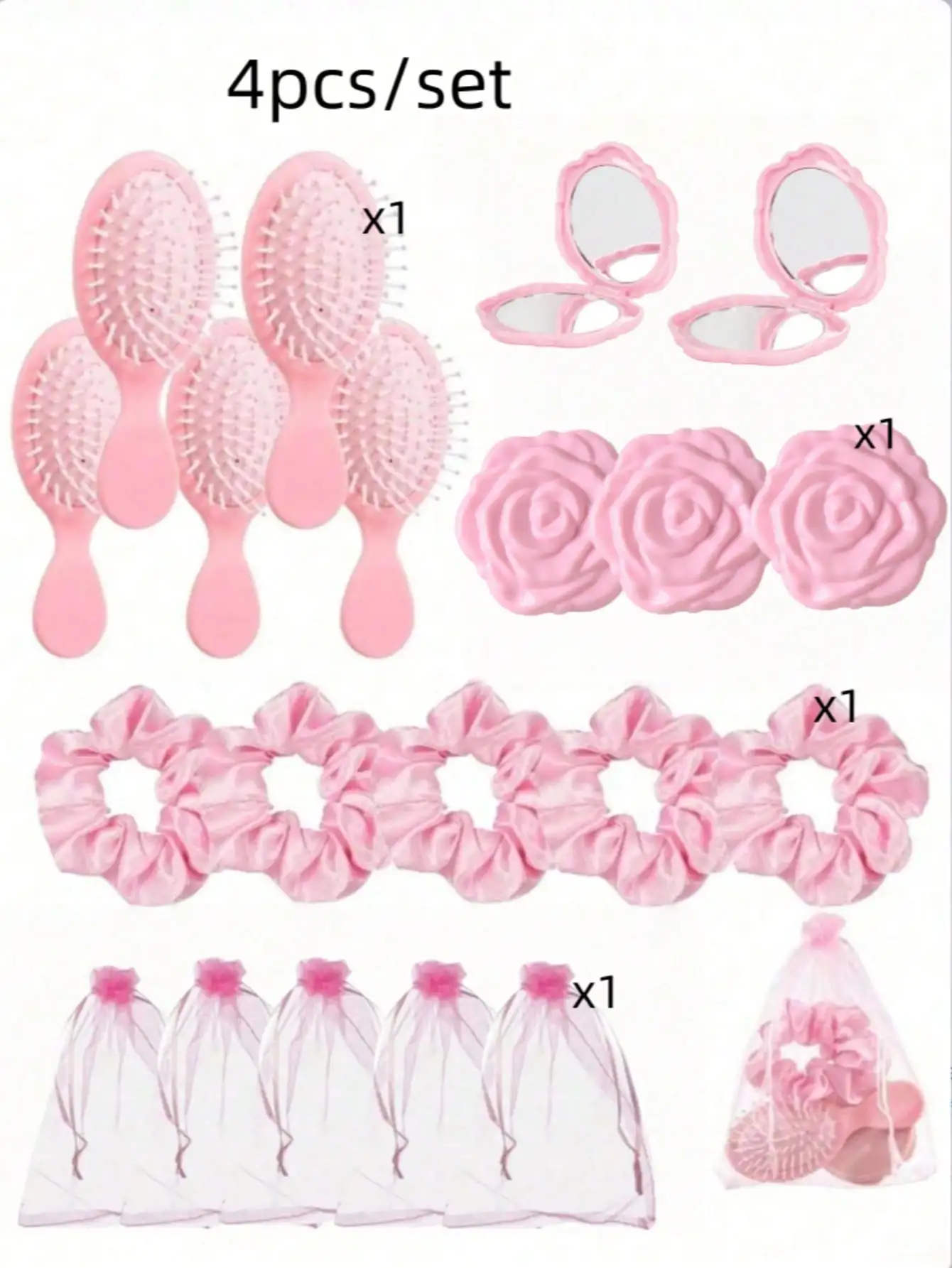 4 sets de regalo rosas para fiestas, que incluyen 1 espejo, 1 peine, 1 banda para el pelo y 1 bolsa transparente de tela. Adecuado para bodas de amigos, San Valentín