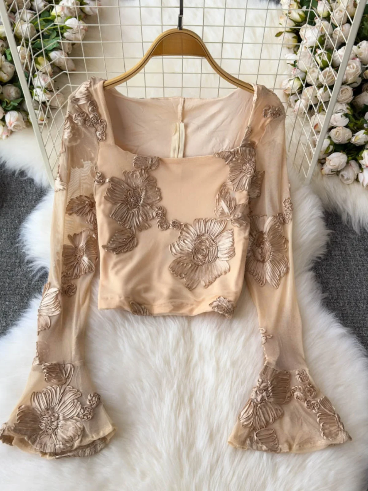 

Ele Embroidered Heavy Work Flell Sve T irt Women Summer Me Slimming ort Top Корейский Sle Commute Faion