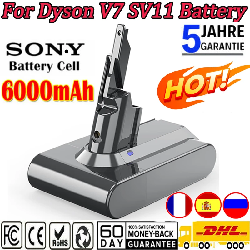 Bateria de Substituição para Dyson V7 SV11, Animal Absoluto, Fofo, Aspirador Portátil, 6000mAh