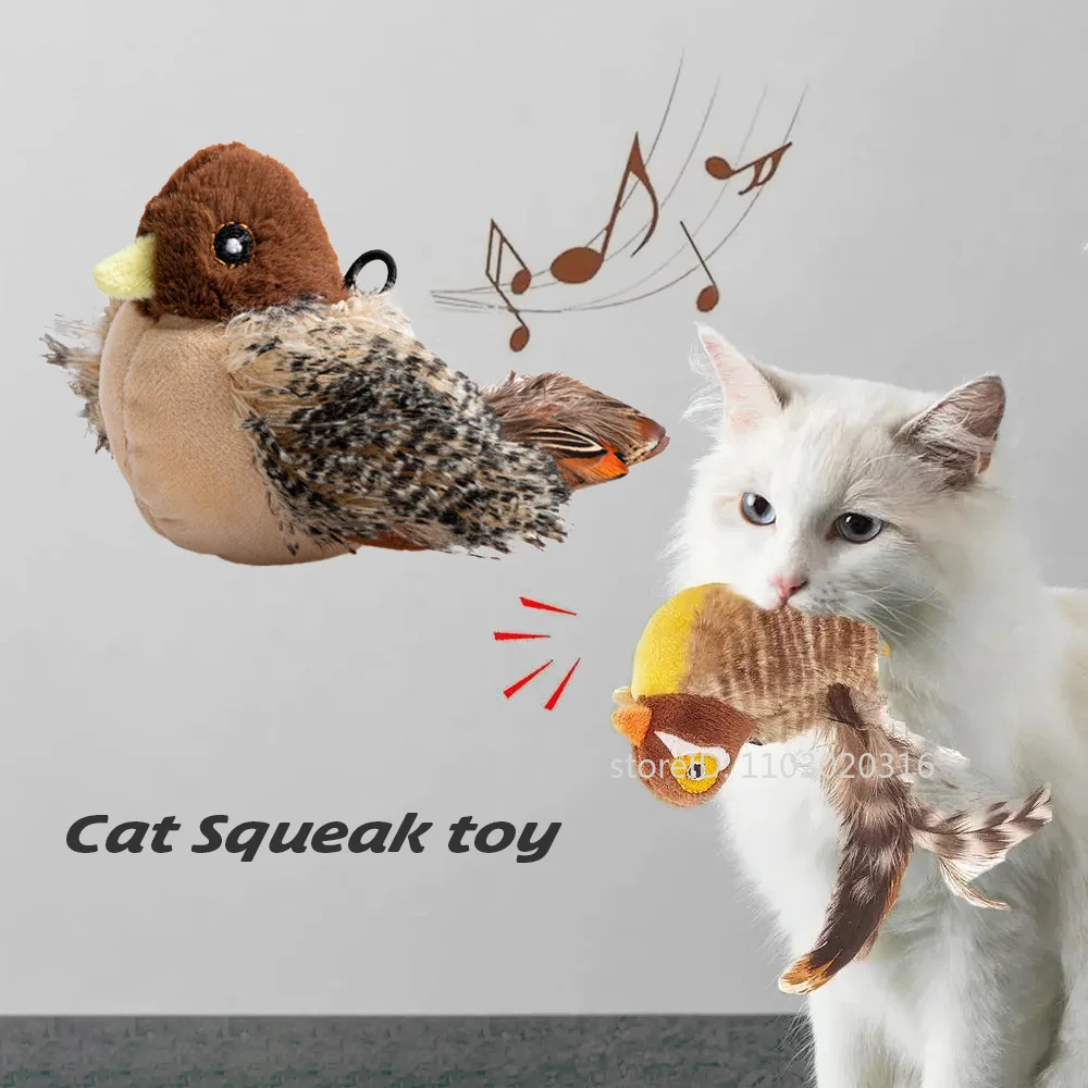 Interactive Cat Toys Plush Flying Bird Squeak Cat Toy Sparrow Catnip Toys Vivid Chirping Simulation Bird Interactive Cat Toy