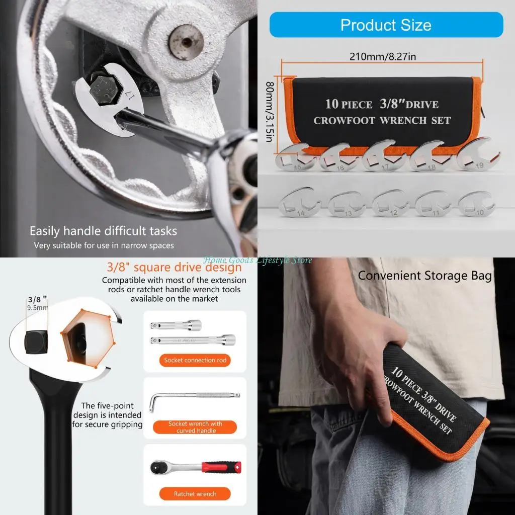 E74E 10-19mm Crowfoot Wrench 3/8'' Drive For Automotive Repair And Maintenance Tasks