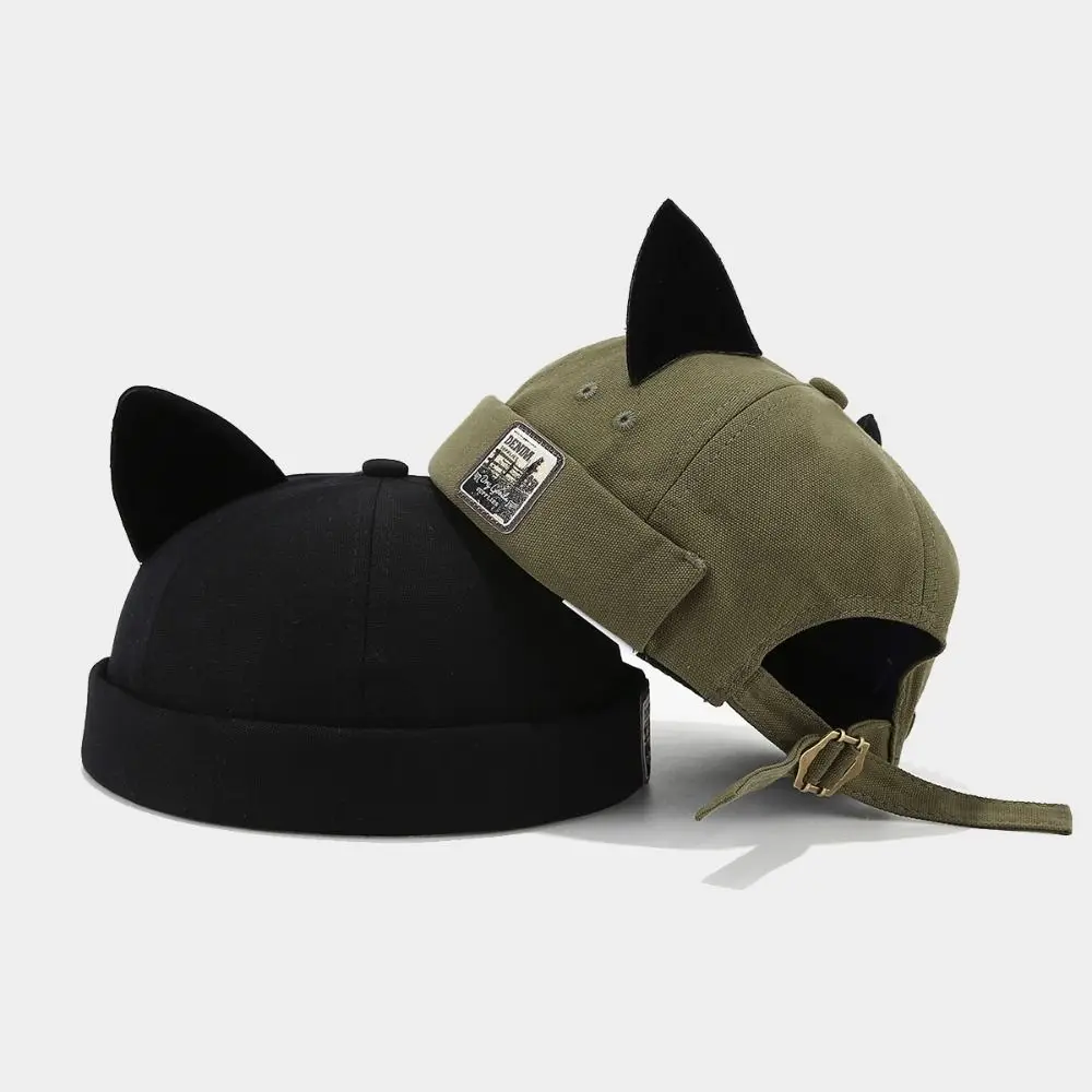Retro Style Cute Cat Ears Brimless Hat Adjustable Hip Hop Melon Docker Cap Rolled Cuff Solid Color Docker Cap Outdoor Daily