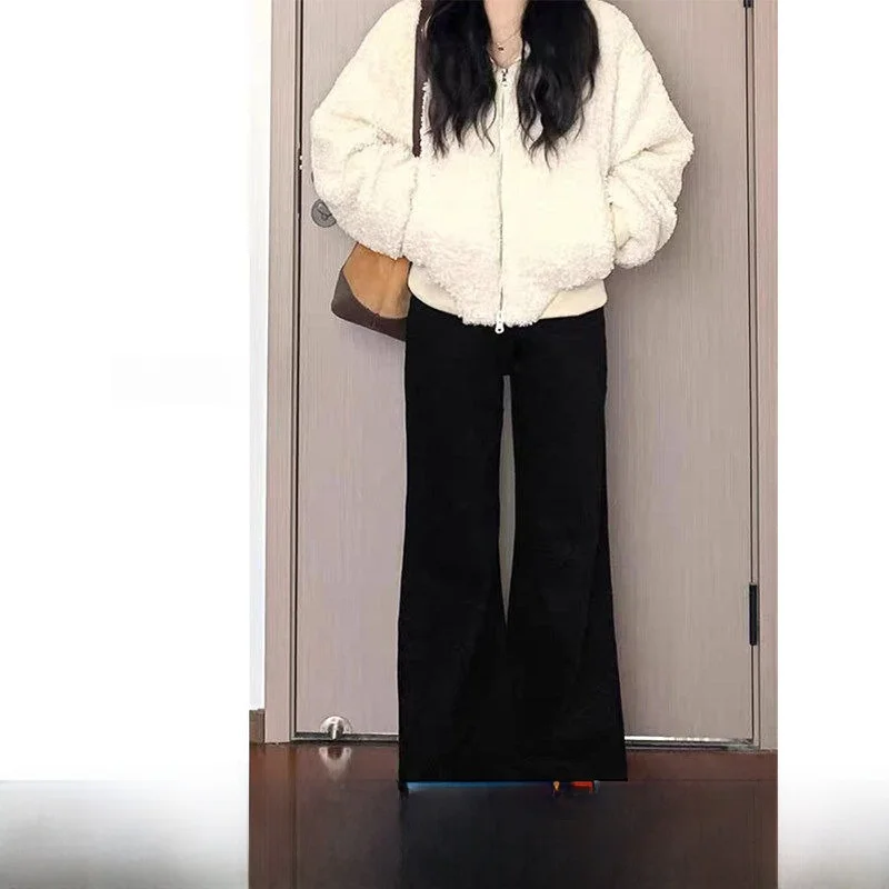 

plus Size Flared Jeans Micro Flare Fleece Lined Thickened Loose Slim Wide Leg Floor Length Pants High Waist Casual Cotton