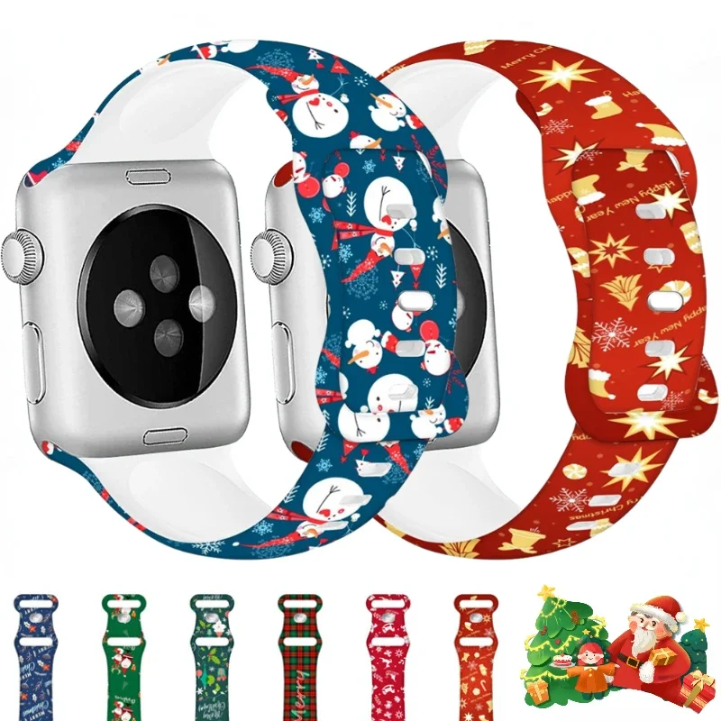 

Рождественский силиконовый ремешок для Apple Watch Series Ultra 10 9 8 7 49 мм 46 мм 42 45 мм 41 мм Спортивные ремешки для часов iWatch 6 5 4 SE 44 мм 40 мм