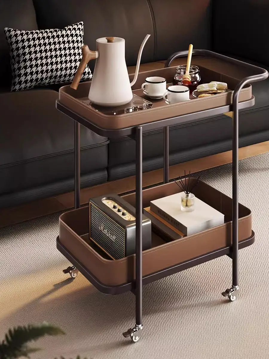 

Light Luxury Modern Saddle Leather Sofa Side Table with Movable Wheels Storage Rack Home Furniture for Living Room