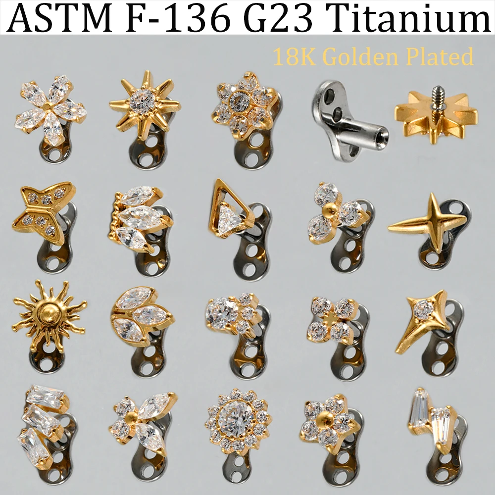 1PC CZ Flower Cross Sword Dermal Anchor Internal Thread G23 Solid Titanium 18K Gold Micro Dermal Piercing Skin Diver Dermal Stud