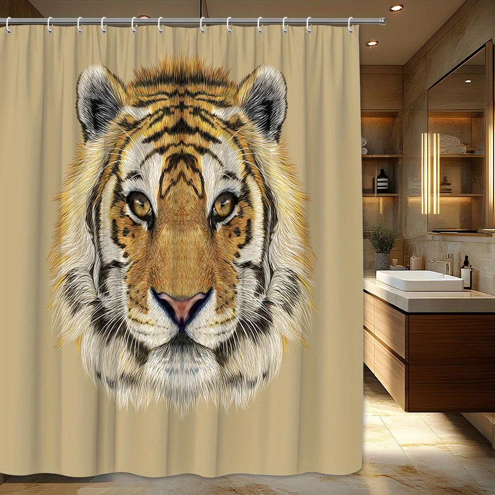 

Striking majestic tiger head shower curtain-realistic golden tiger, black stripes and amber eyes,curtain for bathroom 180x200cm