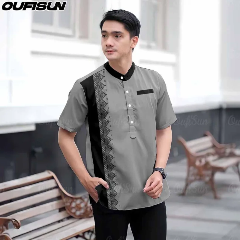 Baju Melayu Men Ramadan Collection Muslim Batik Pattern Standing Collar Short Sleeves Breathable Comfortable Exterior 3D Printed