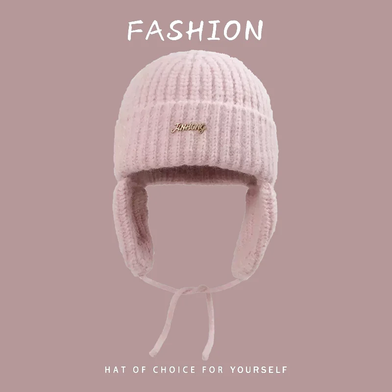 Niedliche, einfarbige, gerippte Strickmützen mit Ohrenschutz für Damen, Herbst-Winter, warme Mützen mit Kordel und Ohrenklappen, Streetwear-Mütze für Herren – Detail 2