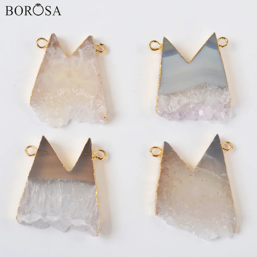 BOROSA Cute M Shape Pendant Natural Agates Druzy Connectors Necklaces Making 24inch Golden Plated for Women Jewelry Accessories